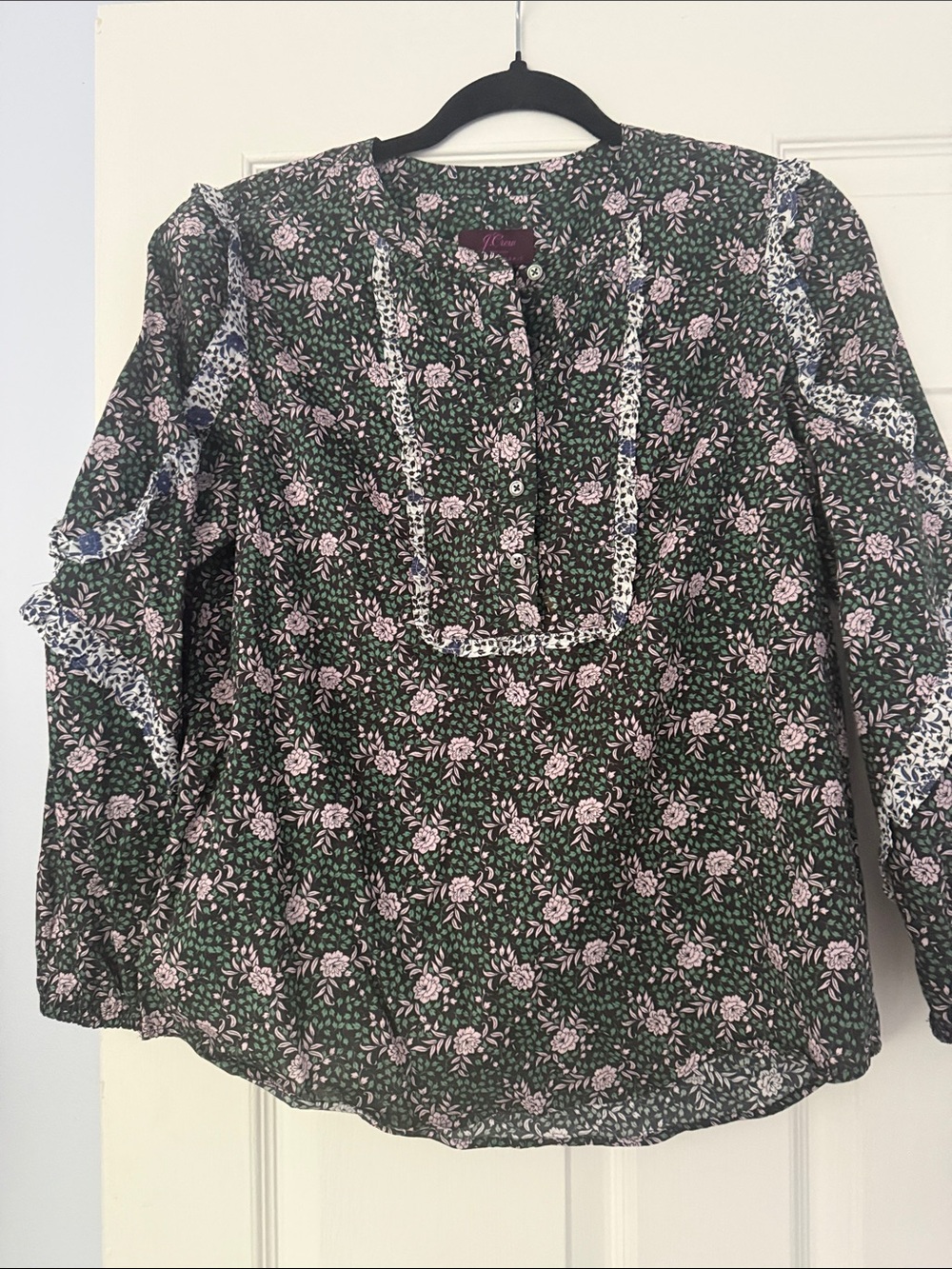 Womens J Crew Liberty of London Floral Pintuck Blouse - Green with Pink Roses